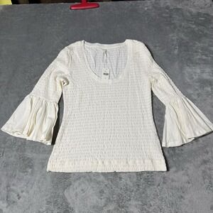 Anthropologie NWT Smocked Top‎ Women's XS Ivory 3/4 Bell Sleeve Scoop Neck